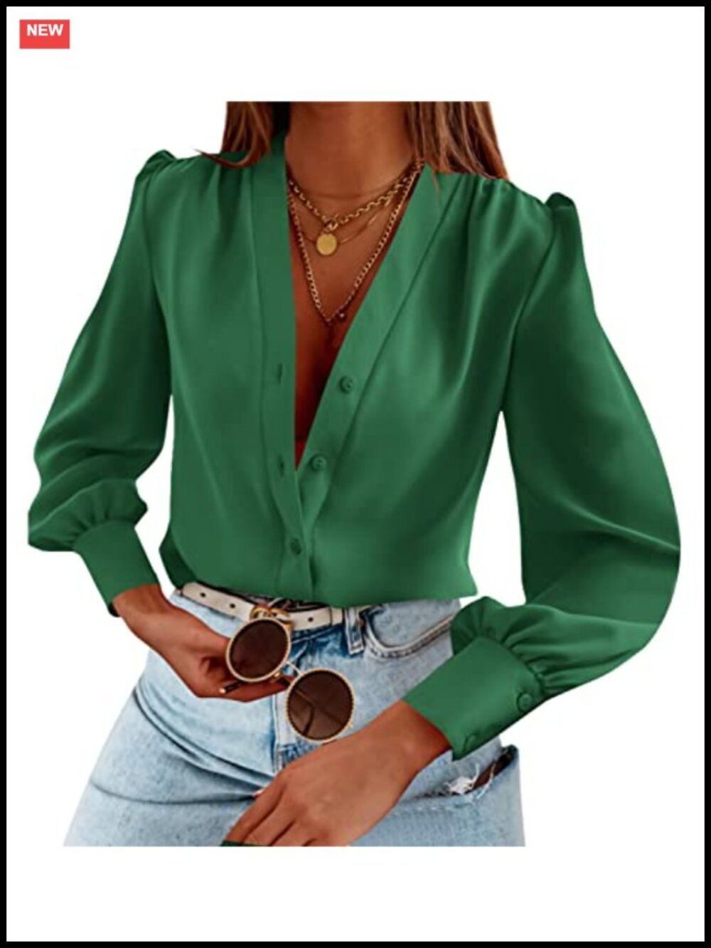 Satin Silk V Neck Long Sleeve Button Down Blouse Business Casual Top